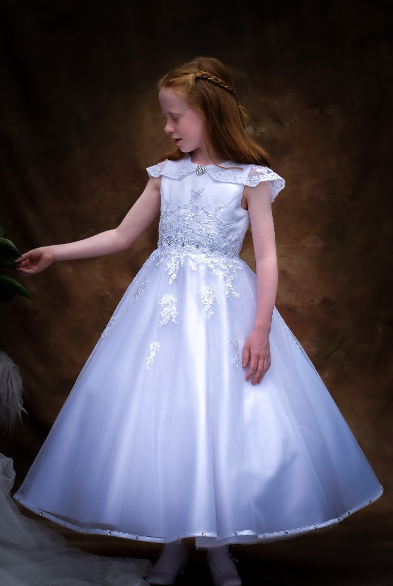 modern communion dresses Puffed Sleeves Lace and Satin First Communion Dress Celestial 3302 Pre-order 2-3 years / As in the photo (Ivory)