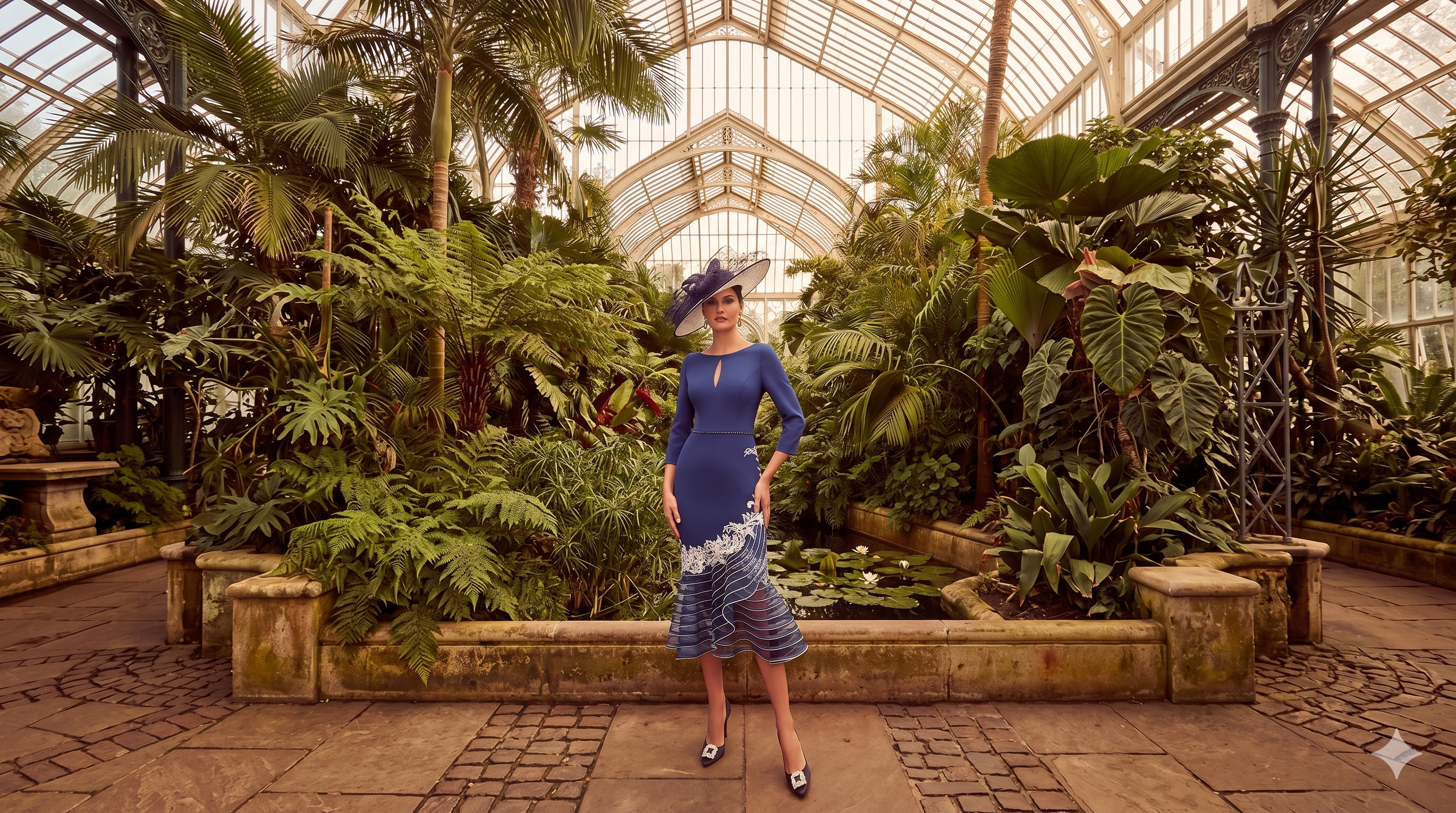 Woman in a blue dress and hat standing in a conservatory with large plants and glass roof.